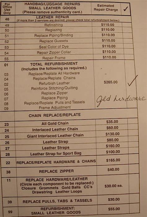 chanel repair price list